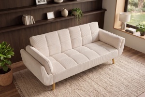 CANAPEA EXTENSIBILA BOUTIQUE 215CM, 3 LOCURI, REALIZAT DIN LEMN SI CATIFEA RAIAT, CULOARE BEJ - Img 9