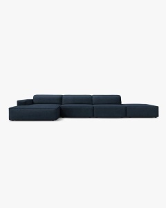 COLTAR CU 5 LOCURI JODIE, PE STANGA, 341X162 CM, ALBASTRU INCHIS, TAPITAT CU TAPITERIE DIN TEXTIL BOUCLE BALOO, MICADONI