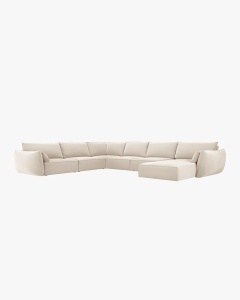 COLTAR CU 8 LOCURI, KAELLE, PE STANGA, 384 CM, BEJ DESCHIS, TAPITAT CU TAPITERIE DIN TEXTIL CATIFEA BLUVEL, MICADONI - Img 2
