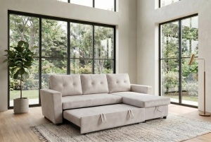 COLTAR CU SPATIU DE DEPOZITARE, APARTMENT 205CM, 3 LOCURI, REALIZAT DIN MATERIAL CATIFEA, DE CULOARE BEJ, ARTIM GROUP - Img 4