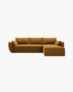COLTAR EXTENSIBIL KAELLE, 252 CM, PE DREAPTA, GALBEN, CU TAPITERIE DIN TEXTIL CATIFEA BLUVEL, MICADONI