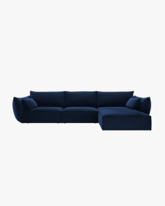COLTAR KAELLE, 308 CM, CU 4 LOCURI, PE DREAPTA, ABASTRU ROYAL, CU TAPITERIE DIN TEXTIL CATIFEA BLUVEL, MICADONI
