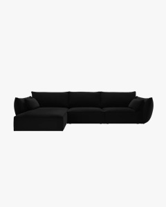 COLTAR KAELLE, 308 CM, CU 4 LOCURI, PE STANGA, NEGRU, CU TAPITERIE DIN TEXTIL CATIFEA BLUVEL, MICADONI