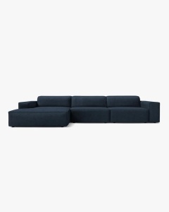 COLTAR PE STANGA JODIE, CU 4 LOCURI, 284X162 CM, ADANCIME SCAUN 62 CM, ALBASTRU INCHIS, TAPITAT CU TAPITERIE DIN TEXTIL BOUCLE BALOO, MICADONI