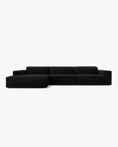 COLTAR PE STANGA JODIE, CU 4 LOCURI, 284X162 CM, ADANCIME SCAUN 62 CM, NEGRU, TAPITAT CU TAPITERIE DIN TEXTIL CATIFEA BLUVEL, MICADONI
