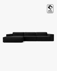 COLTAR PE STANGA JODIE, CU 4 LOCURI, 284X162 CM, ADANCIME SCAUN 62 CM, NEGRU, TAPITAT CU TAPITERIE DIN TEXTIL CATIFEA VENUS, MICADONI