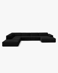 COLTAR PE STANGA JODIE, CU 7 LOCURI, 361X258 CM, ADANCIME SCAUN 62 CM, NEGRU, TAPITAT CU TAPITERIE DIN TEXTIL CATIFEA VENUS, MICADONI