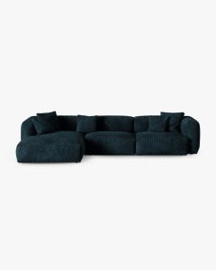 COLTAR PE STANGA MARTINA, 330X176 CM, ADANCIME SCAUN 90 CM, ALBASTRU INCHIS, TAPITAT CU TAPITERIE DIN TEXTIL CATIFEA VOGUE, MICADONI