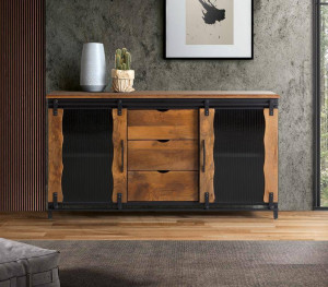 COMODA/BUFET 150CM, NEGRU/NATURAL, DIN LEMN DE MANGO SI METAL, CU DOUA USI SI 3 SERTARE - Img 1