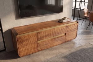 COMODA LIVING TV 160CM, REALIZATA DIN LEMN DE MANGO, DETALII AURII, CULOARE MARO/AURIU - Img 3