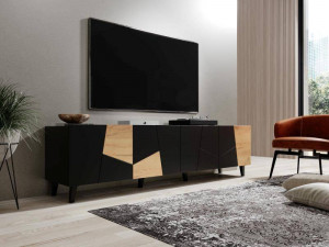 COMODA TV, CAMA-ETNA-RTV-CZ/CZ/DC 200CM, DIN PLACI LAMINATE SI MDF, NEGRU MAT/STEJAR, DESIGN MODERN - Img 5