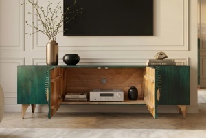 COMODA TV GOLDEN SUNSET 180CM, REALIZAT DIN LEMN DE MANGO, DE CULOARE TURCOAZ, MODEL 3D, ARTIM GROUP - Img 11