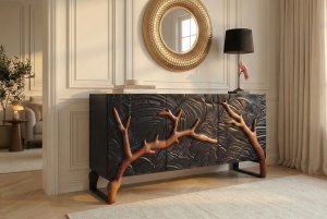 DULAP/BUFET LIVING, FOREST 160CM, REALIZAT DIN LEMN DE MANGO 3D SI METAL, CULOARE NEGRU/MARO, ARTIM GROUP SELECTION - Img 8