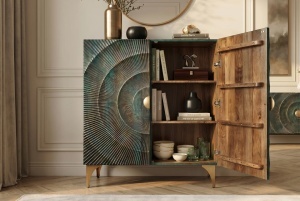 DULAP LIVING GOLDEN SUNSET 120CM, REALIZAT DIN LEMN DE MANGO, DE CULOARE TURCOAZ/MULTICOLOR, MODEL 3D, ARTIM GROUP - Img 6