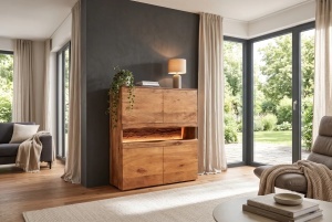 DULAP LIVING GRAND MANGO 120CM, REALIZAT DIN LEMN DE MANGO, LED CU TELECOMANDA, CULOARE NATUR/MARO - Img 2