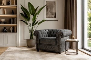 FOTOLIU STIL CHESTERFIELD, DIN LEMN SI TEXTIL FIN, CATIFEA, CULOARE GRI, INVICTA INTERIOR - Img 7