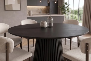 MASA DE DINING ROTUNDA VALHALLA 140CM, REALIZAT DIN LEMN DE STEJAR SI BLATUL DIN MDF SI FURNIR STEJAR, CULOARE NEAGRA - Img 5