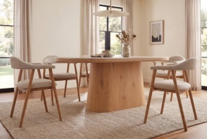 MASA DE DINING UNIQUE OVALA 200CM, REALIZATA DIN FURNIR DE LEMN SI BLAT DIN TRAVERTIN, DE CULOARE MARO/TRAVERTIN - Img 3