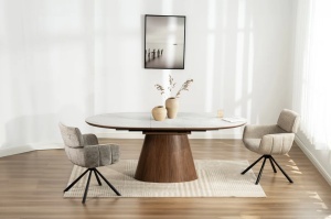 Masă de sufragerie QNIQUE, extensibilă de la 160 la 200 cm, aspect lemn de nuc închis, blat din marmură ceramică albă - Img 2