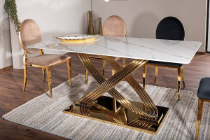 MASA DINING 160 CM, EFECT DE MARMURA ALBA/AURIU, BLAT DIN CERAMICA SI PICIOARE DIN METAL , STIL MODERN - Img 2