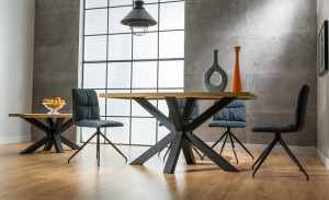 MASA DINING CROSS, 180 CM, STEJAR/NEGRU, BLAT DIN FURNIR NATURAL SI PICIOARE DIN METAL, STIL MODERN - Img 3