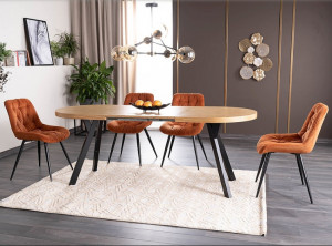 MASA DINING EXTENSIBILA, 140/272 CM, STEJAR/NEGRU, BLAT DIN FURNIR NATURAL SI PICIOARE DIN METAL, STIL MODERN
