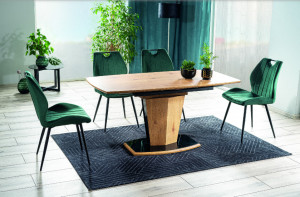 MASA DINING EXTENSIBILA HOUSTON, 120/160 CM, STEJAR/NEGRU, DIN MDF, FURNIR NATURAL SI STICLA SECURIZATA, STIL MODERN