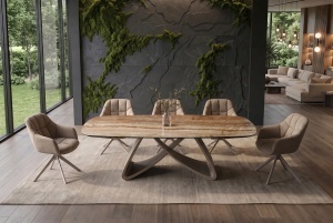 MASA DINING EXTENSIBILA INFINITY 180-220-260CM, REALIZATA DIN METAL SI BLAT DIN STICLA SI CERAMICA, CULOARE MARO/SAMPANIE - Img 10