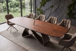 MASA DINING EXTENSIBILA INFINITY 180-220-260CM, REALIZATA DIN METAL SI BLAT DIN STICLA SI CERAMICA, CULOARE MARO RUGINIU/SAMPANIE - Img 13