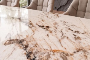 MASA DINING EXTENSIBILA INFINITY 180-220-260CM, REALIZATA DIN METAL SI BLAT DIN STICLA SI CERAMICA, CULOARE MARMURA/SAMPANIE - Img 6