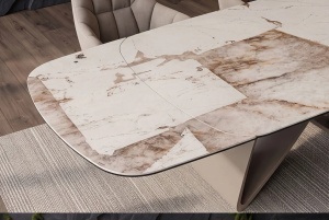 MASA DINING EXTENSIBILA INFINITY 180-220-260CM, REALIZATA DIN METAL SI BLAT DIN STICLA SI CERAMICA ITALIANA, CULOARE MARO-ALB/SAMPANIE - Img 4
