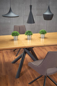 MASA DINING EXTENSIBILA STIL DERRICK, STEJAR/NEGRU, 160/200 CM, BLAT DIN MDF SI PICIOARE DIN METAL, STIL MODERN - Img 6
