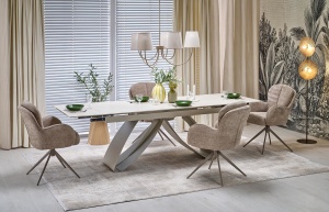 MASA DINING EXTENSIBILA STIL HILARIO, 180-260/90/75/125 cm, CONFECTIONATA DIN PIATRA SINTETIZATA SI METAL, STIL MODERN