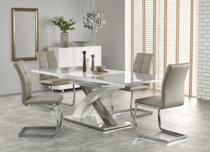 MASA DINING EXTENSIBILA STIL SANDOR 2, GRI/ALB/CROM, 160/220 CM, DIN STICLA, MDF SI METAL, STIL MODERN