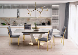MASA DINING EXTENSIBILA STIL VALENTINO, CU EFECT DE MARMURA GRI DESCHIS/GRI/AURIU, 160/220 CM, DIN CERAMICA SI METAL, STIL MODERN