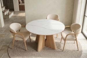 MASA DINING ROTUNDA ORGANIKO 120CM, REALIZATA DIN MATERIAL LEMNOS, FURNIR SI BLAT CERAMIC, CULOARE MARMURA ALBA/STEJAR, INVICTA INTERIOR - Img 5