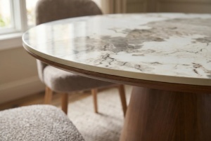 MASA DINING ROTUNDA UNIQUE 120CM, REALIZATA DIN MATERIAL LEMNOS, FURNIR SI BLAT CERAMIC, CULOARE MARMURA ALBA/MARO, INVICTA INTERIOR - Img 6