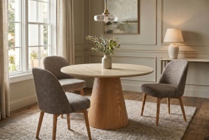 MASA DINING ROTUNDA UNIQUE 120CM, REALIZATA DIN MATERIAL LEMNOS, FURNIR SI BLAT CERAMIC, CULOARE MARMURA BEJ/STEJAR, INVICTA INTERIOR - Img 2