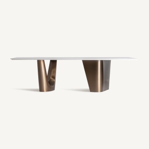 MASA DINING SPECTACULOASA LEDAT 280CM, REALIZATA DIN METAL SI PIATRA SINTERIZATA, STIL CONTEMPORAN, FINISAJ MARMURA/BRONZ, VICAL HOME