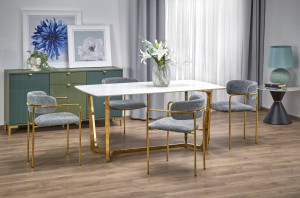 MASA DINING STIL CLEMENTE, 160 CM, EFECT DE MARMURA ALBA/AURIU, BLAT DIN DIN MARMURA SI PICIOARE DIN METAL, STIL MODERN
