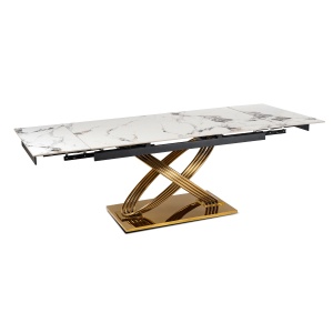 MASA EXTENSIBILA, ARTIM MEBLE 160/240CM, BLAT DIN CERAMICA SI SUPORT METALIC, CULOARE MARMURA ALBA/AURIU, STIL MODERN - Img 8