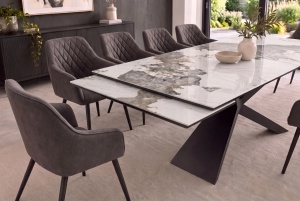 MASA EXTENSIBILA EUPHORIA 180-260CM, REALIZATA DIN METAL SI BLAT STICLA SI CERAMICA, DE CULOARE MARMURA ALB GRI - Img 7