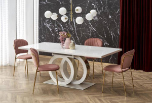 MASA EXTENSIBILA GALARDO, ALB/AURIU, 160/200 CM, DIN MDF LACUIT SI METAL, STIL MODERN