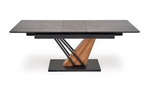 MASA EXTENSIBILA VOLANT, 140-180/90/76 cm, EFECT DE MARMURA NEAGRA/STEJAR AURIU//NEGRU, DIN MARMURA, MDF LAMINAT SI METAL, STIL MODERN - Img 2