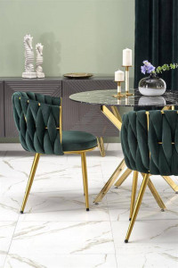 MASA LIVING RAYMOND 2, EFECT DE MARMURA NEAGRA/AURIU, 100 CM, BLAT DIN STICLA SI PICIOARE DIN METAL, STIL MODERN - Img 5