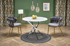 MASA LIVING RAYMOND 3, EFECT DE MARMURA ALBA/CROM, 100 CM, BLAT DIN STICLA SI PICIOARE DIN METAL, STIL MODERN - Img 2
