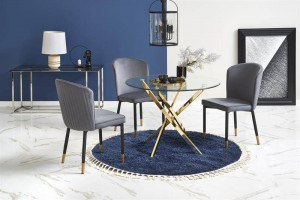 MASA LIVING RAYMOND, TRANSPARENT/AURIU, 100 CM, BLAT DIN STICLA SI PICIOARE DIN METAL, STIL MODERN, HALMAR