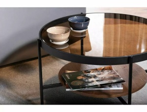 MASUTA DE CAFEA PRIMA B, 74 CM, CHIHLIMBAR/NUC/NEGRU, BLAT DIN STICLA SECURIZATA, MDF SI CADRU DIN METAL, STIL MODERN - Img 5