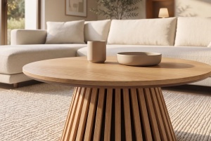 MASUTA DE CAFEA ROTUNDA VALHALLA 70CM, REALIZATA DIN LEMN DE STEJAR SI BLATUL DIN MDF SI FURNIR STEJAR, CULOARE NATUR - Img 5