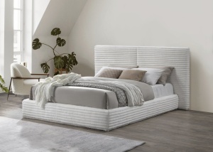 PAT DORMITOR MADERA CREM, 160X200 CM, DIN LEMN MASIV SI TEXTIL, STIL MODERN